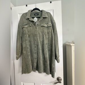 Women's green Khaki Corduroy dress or long Jacket with fringe detail